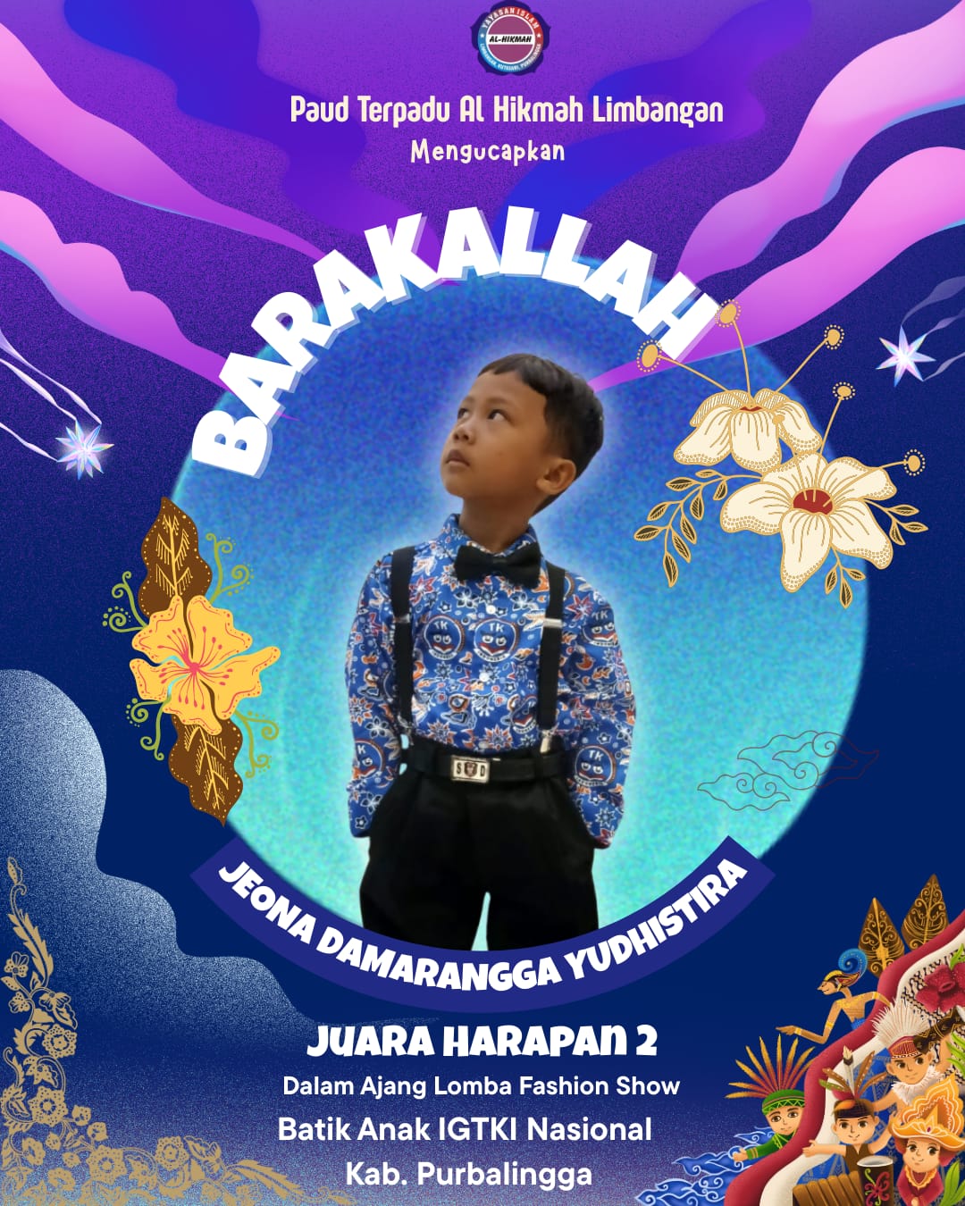 Juara Harapan 2 Dalam Ajang Lomba Fashion Show Batik Anak IGTKI Nasional Kab. Purbalingga