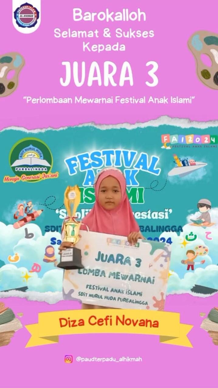Juara 3 Perlombaan  Merwarnai Festival Anak Islam